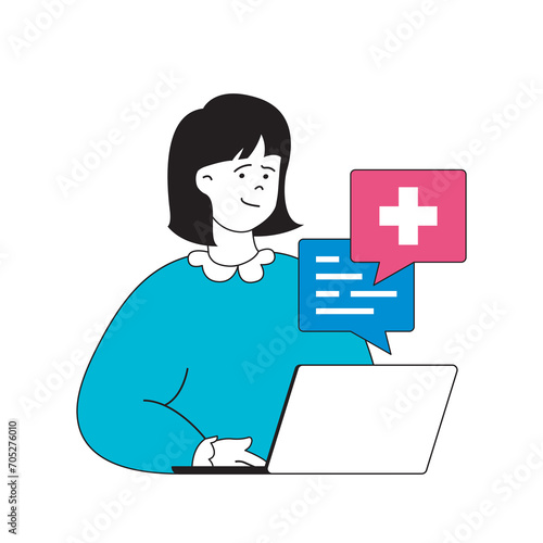 Medical concept with cartoon people in flat design for web. Woman getting online consultation and chatting with doctor by laptop. Vector illustration for social media banner, marketing material. © alexdndz