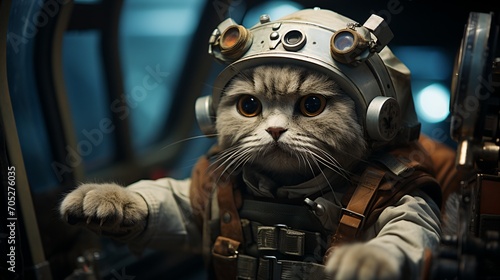 A cat wearing a pilot helmet and flight suit sits in a spaceship.