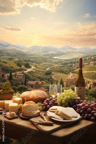 among the rustic Italian landscape a table served with fruits, cheeses and wines