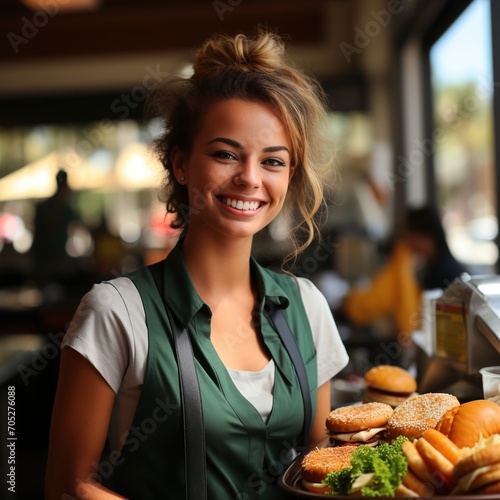 Portrait of a Smiling Waitress Holding a Tray of Food