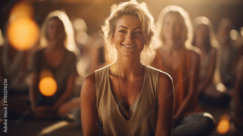 Smiling blonde woman in yoga class Smiling blonde woman in yoga class