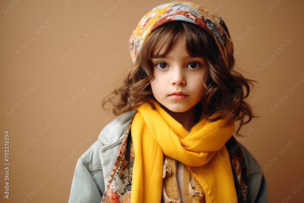 Portrait of a cute little girl with long curly hair in a yellow scarf. Portrait of a cute little girl with long curly hair in a yellow scarf.