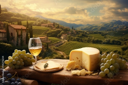 among the rustic Italian landscape a table served with fruits, cheeses and wines