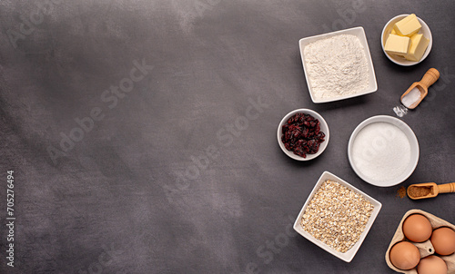 Blank food photography of raw ingredients of oat biscuits, cookie, dough, egg, sugar, white flour, butter, dried cranberry, vanilla, bake, bakery photo