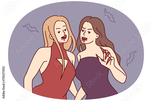 Women vampires with sharp claws and traces of blood near mouth stand among scary flying mice..Girl friends in evening dresses with fangs like zombies as Halloween decorations. Flat vector design