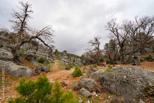 Majestic view of valley with beautiful rock formations on a autumn day. Adamkayalar, Selge, Manavgat, Antalya, Turkey.