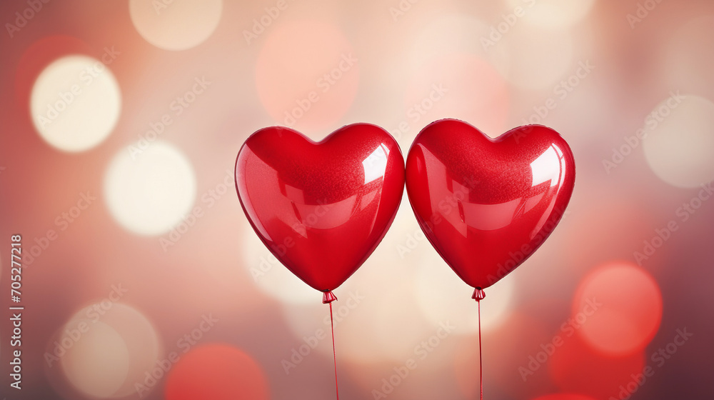Two red heart shaped balloons on red background with bokeh lights. Valentine's Day celebration, love, romantic greeting card