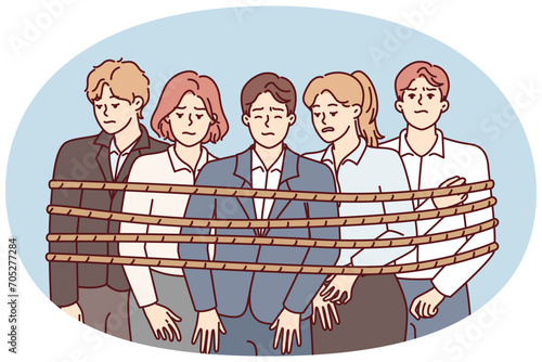 People in office suits tied with rope stand with unhappy face and are sad because poor working conditions. Man and woman employees of company are upset by result of joint activities. Flat vector image