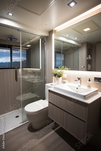 Modern bathroom interior with glass shower enclosure and wood vanity