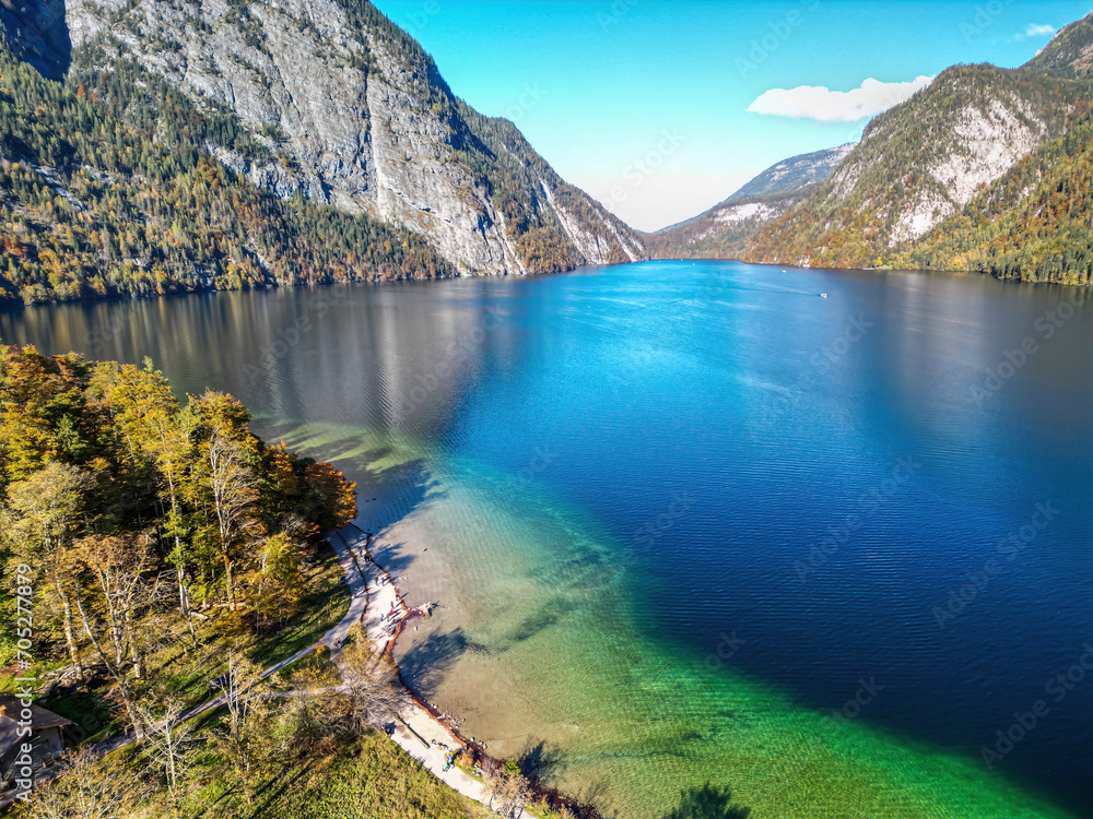 The drone aerial view of Lake Konigsee, Berchtesgadener land, Bavaria, Germany. The Königssee is a natural lake in the southeast Berchtesgadener Land district of the German state of Bavaria.