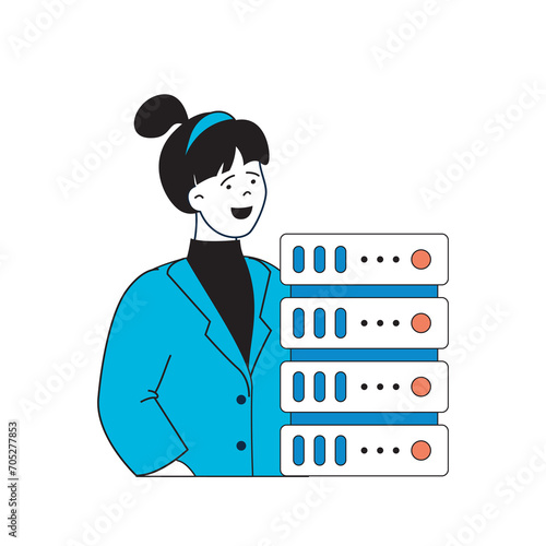 Programming concept with cartoon people in flat design for web. Woman working as tech engineer and monitoring of server rack room. Vector illustration for social media banner, marketing material.