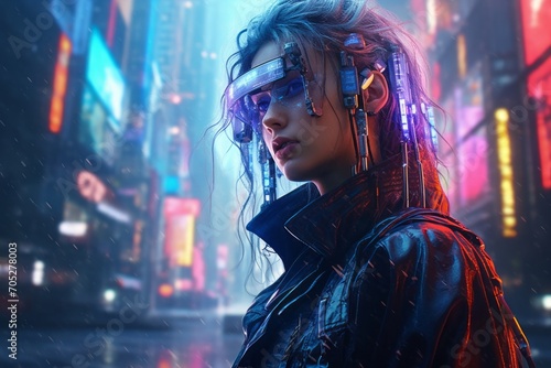 A young girl in cyberpunk style clothing against the background of a brightly glowing neon purple city