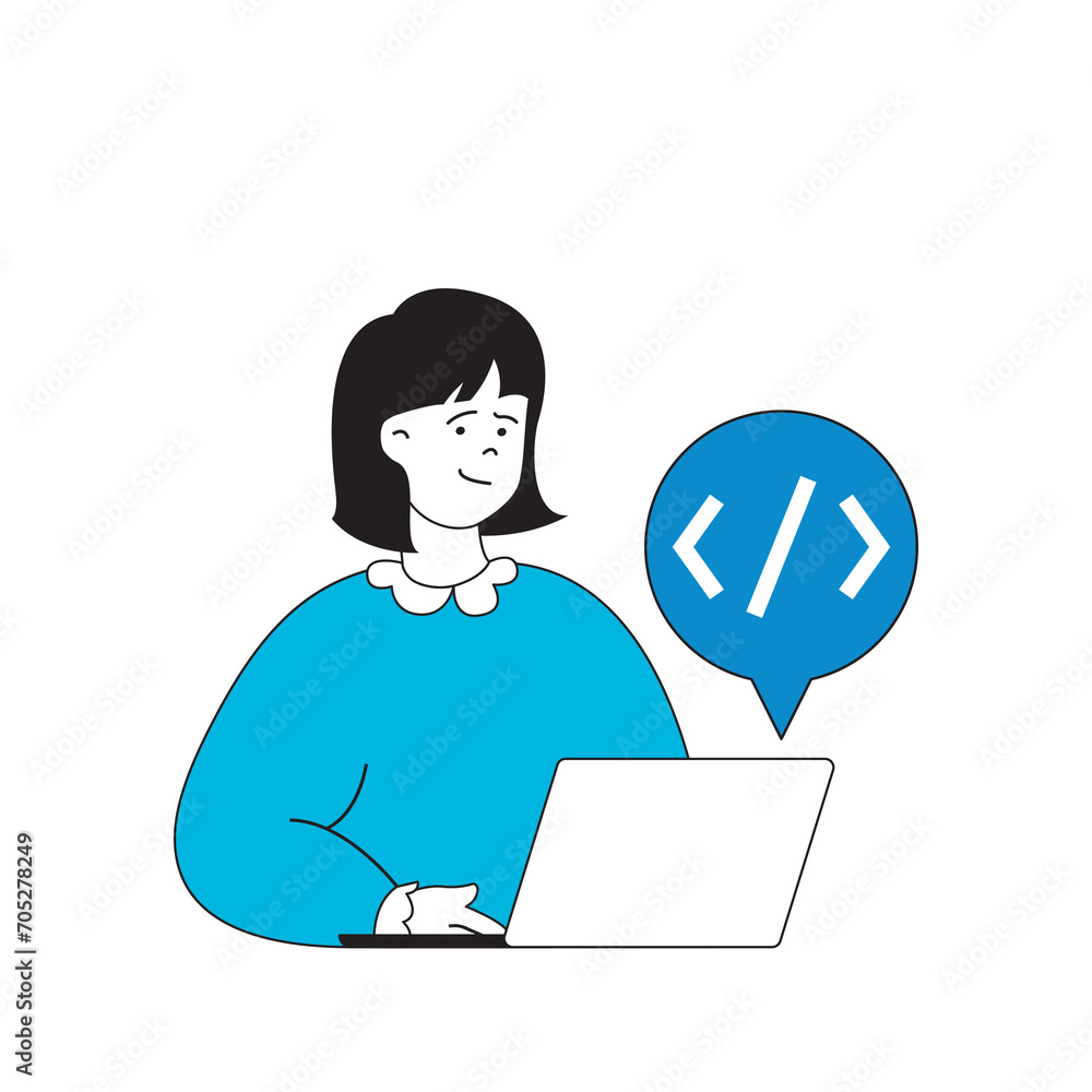 Programming concept with cartoon people in flat design for web. Woman creating program code and scripts, working in IT company online. Vector illustration for social media banner, marketing material. Programming concept with cartoon people in flat design for web. Woman creating program code and scripts, working in IT company online. Vector illustration for social media banner, marketing material.