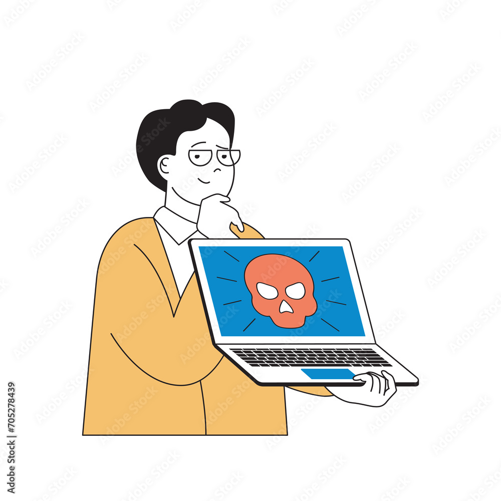 Programming concept with cartoon people in flat design for web. Man works as programmer in security app company, fights hacker attack. Vector illustration for social media banner, marketing material.