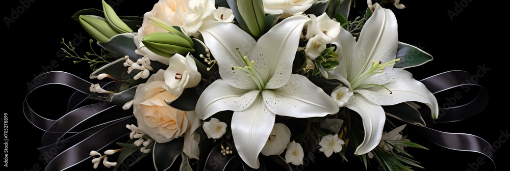 Farewell ceremonial funeral bouquet of white lilies on a dark background, banner