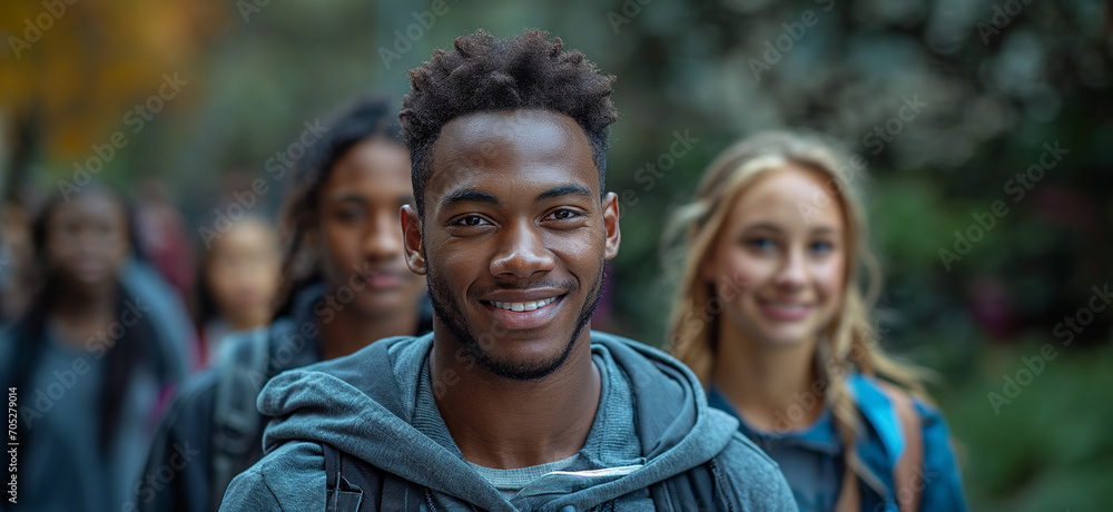 Back to school enthusiasm shines through a cheerful Black student in vibrant winter wear, ready for a new semester. Back to school enthusiasm shines through a cheerful Black student in vibrant winter wear, ready for a new semester.