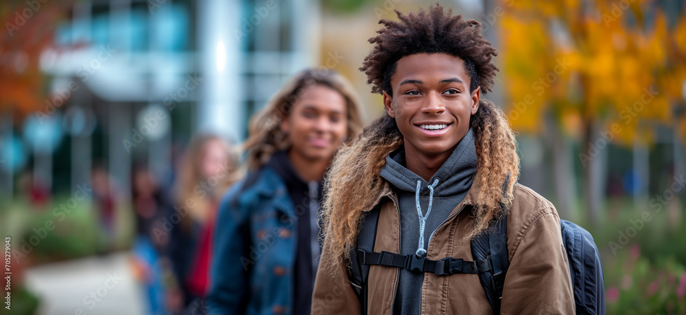 Young African American male student returns to school, sporting a stylish yellow jacket and a hopeful gaze, campus life.