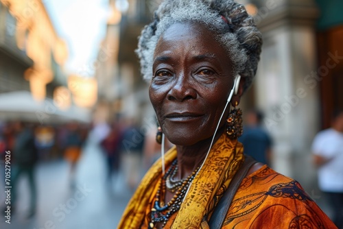 Close-up portrait of an elderly African American woman wearing headphones on a city street