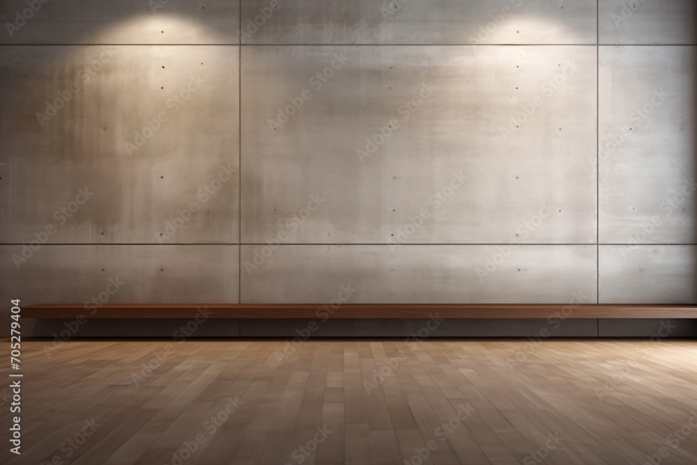 Wooden bench against a concrete wall with spotlights
