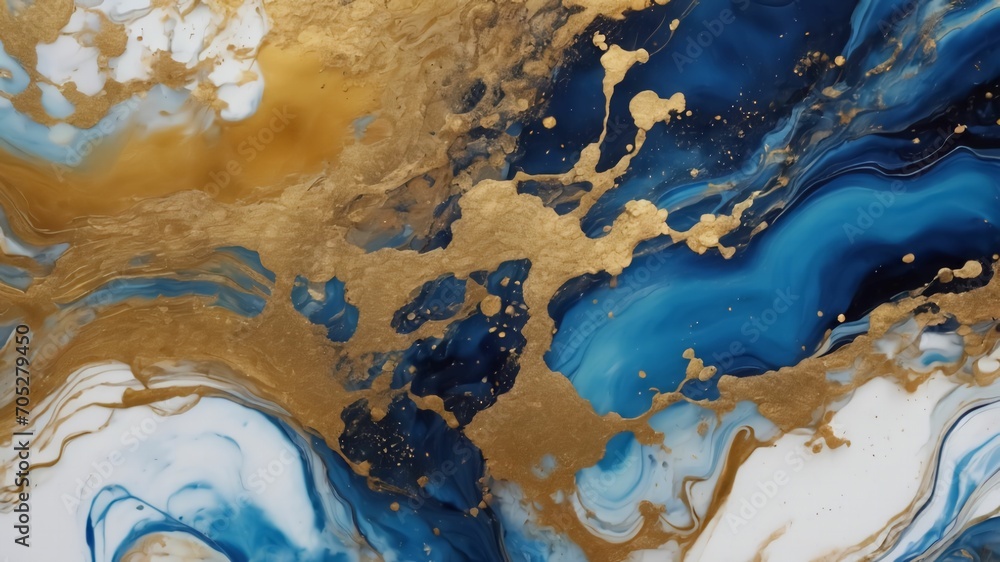 Fototapeta premium Abstract blue and gold marble texture with gold splashes, blue luxury background, Natural luxury abstract fluid art watercolor in alcohol ink technique.Created with Generative Ai technology