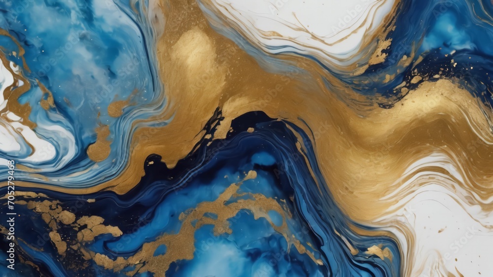 Abstract blue and gold marble texture with gold splashes, blue luxury background, Natural luxury abstract fluid art watercolor in alcohol ink technique.Created with Generative Ai technology