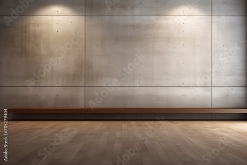 Wooden bench against a concrete wall with spotlights © Adobe Contributor