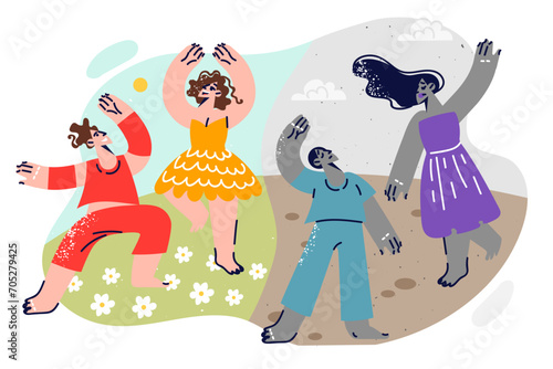 Dancing men and women experience different emotions from open-air disco on lawn.