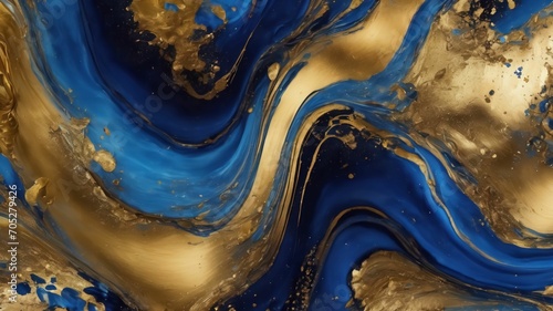 Abstract blue and gold marble texture with gold splashes, blue luxury background, Natural luxury abstract fluid art watercolor in alcohol ink technique.Created with Generative Ai technology