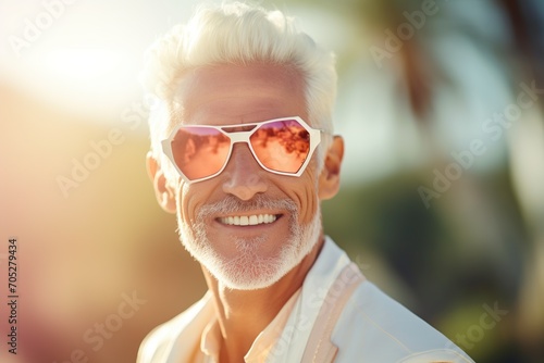 attractive older man with sunglasses and white hair posing in front of the camera