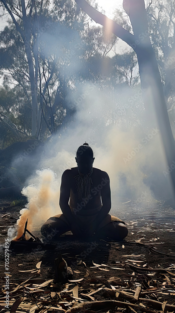 Obraz premium Traditional Ritual: An Aboriginal Man Kneeling Behind Smoke During a Smoking Ceremony, Engaging in a Reverent and Time-Honored Cultural Practice
