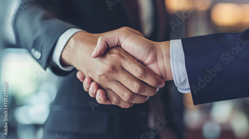 Deux personnes en costume se serrant la main. Business, travail, accord, contrat. Pour conception et création graphique. photo