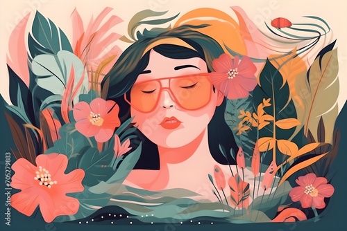 Young woman with dark hair wearing oversized sunglasses and surrounded by tropical flowers and leaves in soft pastel colors. Concept of summer relaxation and beauty