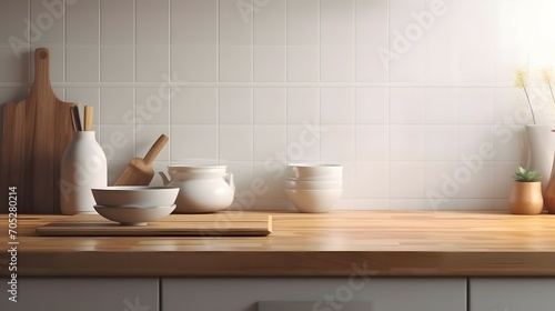 3D render close up blank empty space on beautiful wooden kitchen counter top with stylish kitchen ware, culinary, square white ceramic wall tiles. Morning sunlight, Cooking, Equipment, Background, Bri