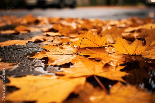 Fallen leaves on wet asphalt in autumn