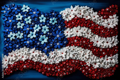 american flag made with flowers blue white and red. 