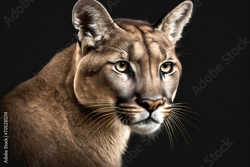 Beautiful puma portrait_from the front on a black background. created with generative AI technology