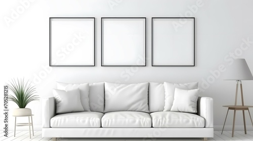 Blank picture frame mockup on white wall. Modern living room design. View of modern scandinavian style interior with sofa. Three square templates for artwork, painting, photo or poster, Bright color,