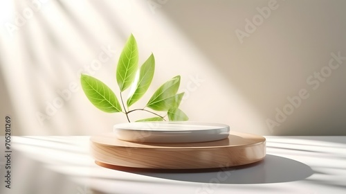 Wooden round tray podium, green tree twig on white glossy table counter in sunlight, leaf shadow with wall for luxury beauty, organic, health, cosmetic, jewelry fashion product display background, Bri