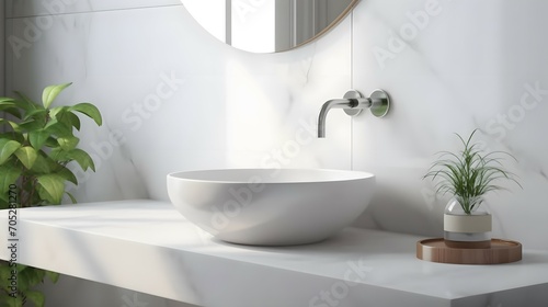 White marble vanity counter top and wall tiles with ceramic wash basin, modern minimal style faucet in bathroom in morning sunlight with house plant shadow. 3D render for product display background, B