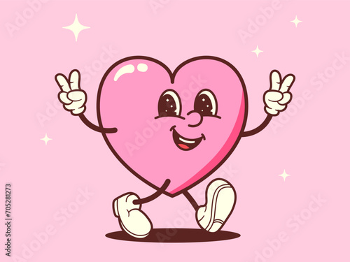 Vintage groovy heart. Retro character with arms and legs. Cartoon Romantic mascot Vector illustration