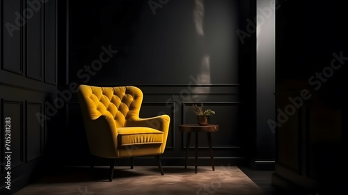 Dark room with yellow armchair on black wall background, Bright color, ultra realistic