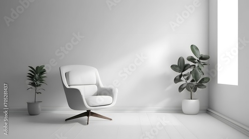 Modern minimalist interior with an armchair on empty white color wall background, Bright color, ultra realistic