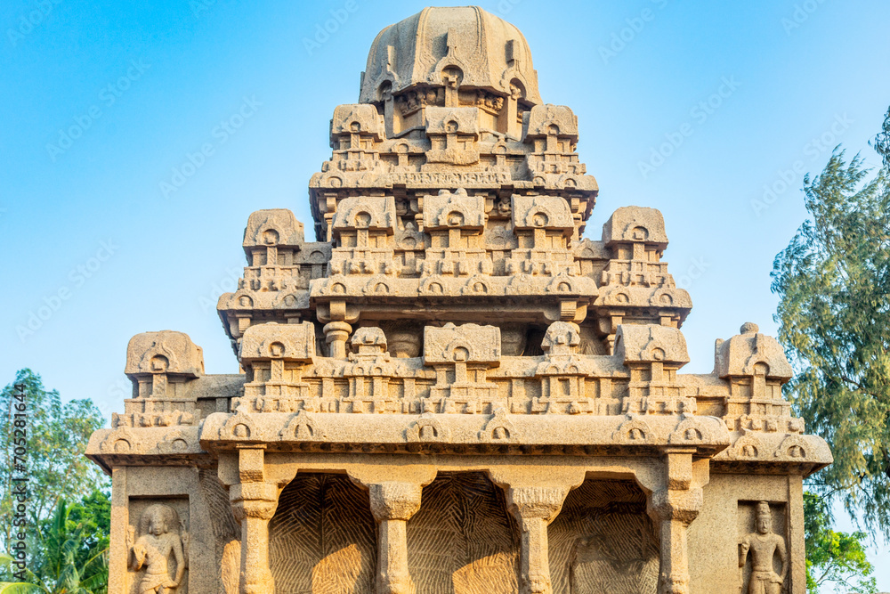 Pancha Five Rathas ancient complex, Mahabalipuram, Tondaimandalam region, Tamil Nadu, South India