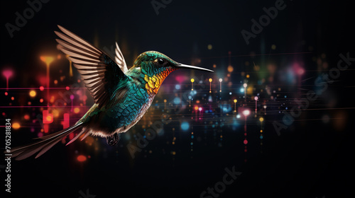 A hummingbird emerges with wings wide against a fiery abstract backdrop. © VSzili