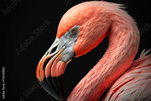 head of a pink flamingo close-up on a black background. generative AI © VSzili