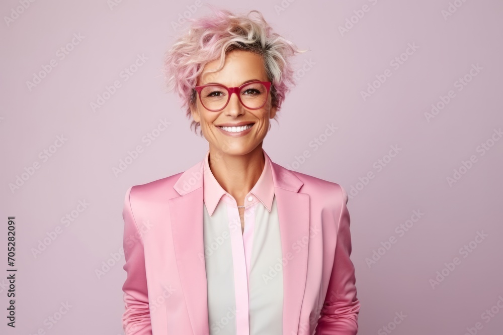 Portrait of a smiling businesswoman with pink hair and glasses.
