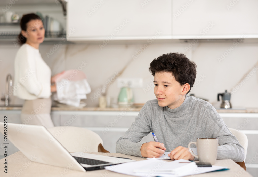 Fototapeta premium Boy studiyng using laptop, mother washing dishes and helping