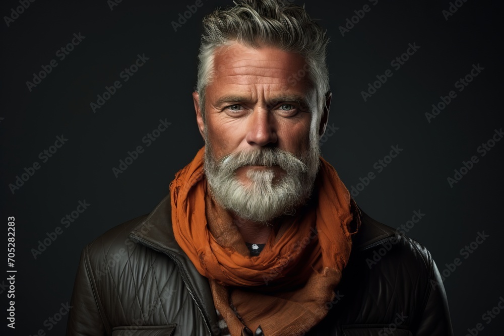 Portrait of a handsome senior man with long gray beard and mustache wearing a leather jacket and orange scarf. Portrait of a handsome senior man with long gray beard and mustache wearing a leather jacket and orange scarf.