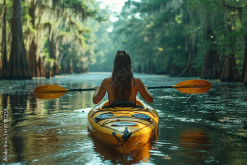 A tourist girl is canoeing on a mysterious river in the jungle © Александр Лобач