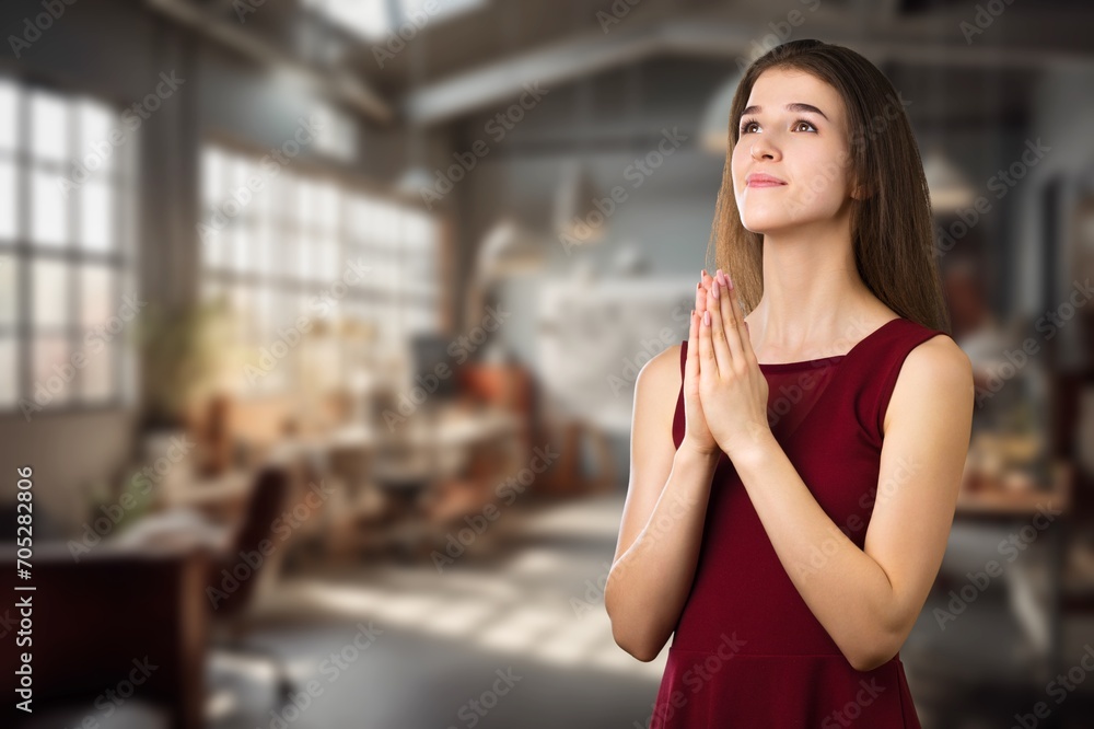 Hopeful wish, calm young woman prayer
